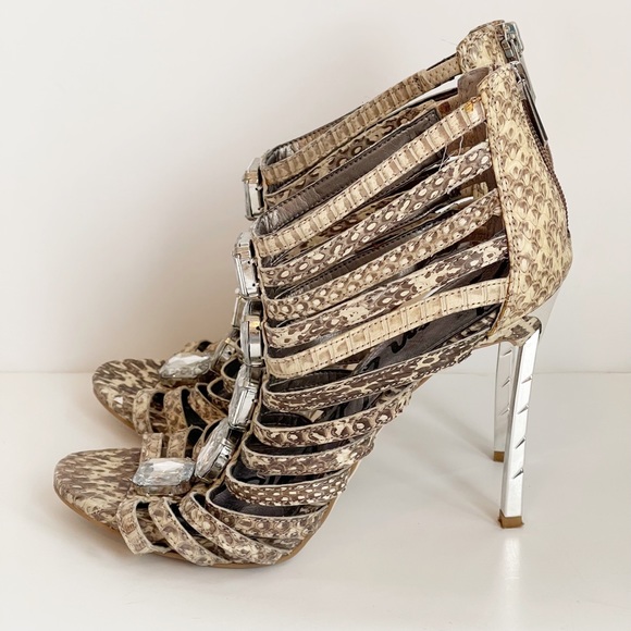 Sam Edelman Hampton Leather Snakeskin Print Caged Sandal Heel Shoe - Picture 3 of 7